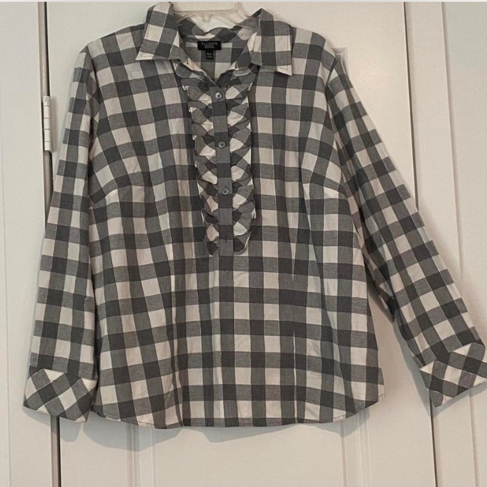 Talbots Woman Petites Plaid Ruffle Long Sleeve Blouse